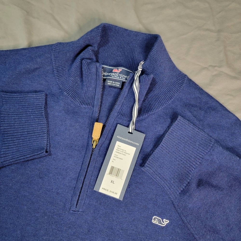 New Vineyard Vines Sweater Men's XL 1/4 Zip Blue Habor Point Long Sleeve Whale